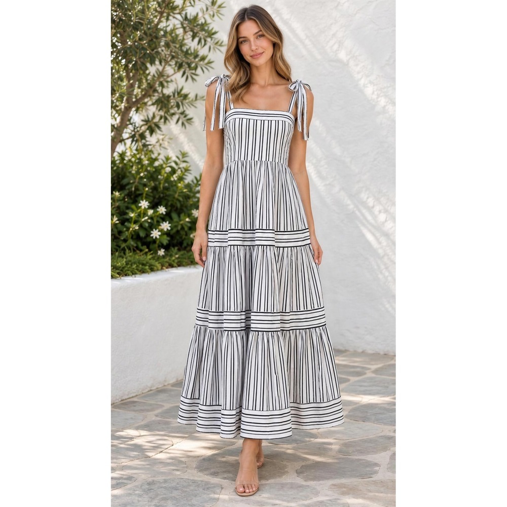 Ellen Tracy Navy White Striped Cotton Tiered Maxi Dress Tie Shoulder Small